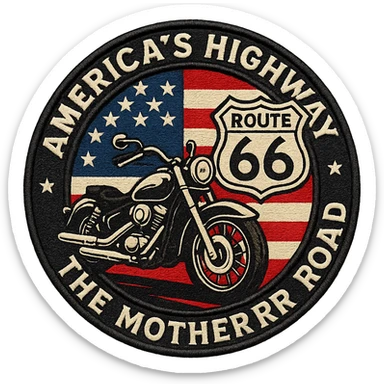 circular design for motorcycle cap, transparent background, text 'AMERICA'S HIGHWAY - ROUTE 66 - THE MOTHER ROAD', motif: motorcycle, Route 66 sign, American flag, USA style sticker