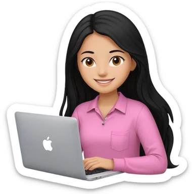 girl with black long hair working in a macbook, pink shirt, smily sticker