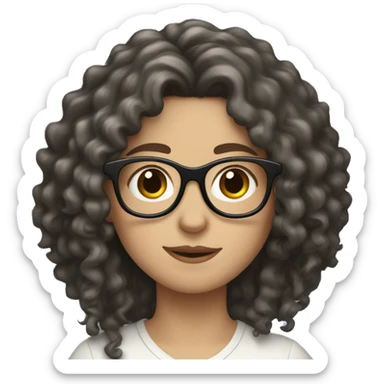 White girl with long dark curly hair and glasses sticker