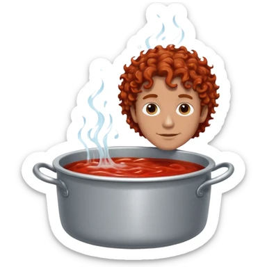 a white man with brown curly hair swimming in a pot of sauce sticker
