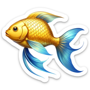 Ethereal golden fish symbol glowing with soft radiance, surrounded by a subtle blue aura. The fish has flowing, graceful lines with shimmering scales and translucent fins that appear to be moving in water. sticker