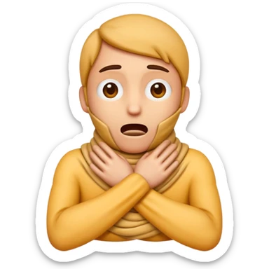 emoji character with a distressed face, cartoon hands wrapping around its own neck, conveying the act of self-strangling sticker