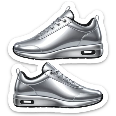 A pair of futuristic sneakers emoji made of silver chrome, sleek streetwear design, smooth metallic panels, subtle reflections, luxury swag aesthetic, iOS emoji style, centered, clean white background sticker