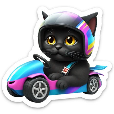 Fluffy black cat driving a race car  sticker