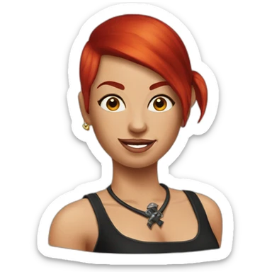 Woman red hair with one side of head shaved and a tattoo on the shaved head with a pirate hat sticker