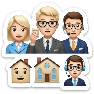 6 icons in a 2×3 grid, soft 3D emoji style, pastel colors, equal spacing, white background:
1) speech bubble
2) theatre masks
3) dynamic stopwatch
4) house + coffee + shopping bag
5) English gentleman
6) female support agent with headset
 sticker