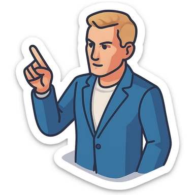 Confident male leader, Caucasian, short neat blonde hair, sharp eyes, indigo jacket, one arm raised gicing direction, waist-up, front-facing sticker