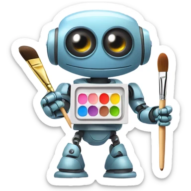 cute robot holds a palette with paints and a brush sticker