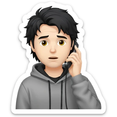 a white man with black messy, hoodie taking a call sticker