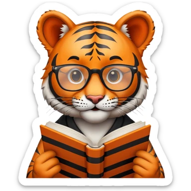 tiger face holding book wearing glasses for Twitch emote sticker