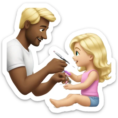 blonde babydaughter gives blonde dad a manicure sticker