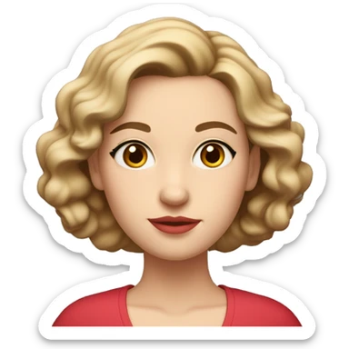 She is white, she has soft features, fair skin, and almond-shaped eyes. Her defined eyebrows and natural pink lips frame her face. Her dark, wavy hair is partially tied back, giving her an elegant yet relaxed look. She wears a luxurious red V-neck dress.
 sticker