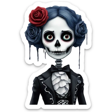 full height skeleton, tim burton "corpse bride", thin porcelain doll with a cracked face, goth makeup watery eyes, long hair, lace and ruffles, lolita style, inked, black and white, red roses sticker