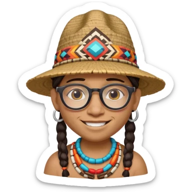 cute Indigenous tribal character portrait, head and shoulders only, wearing glasses, stylish hat, friendly smile, colorful tribal patterns, 3D cartoon, mobile game icon style, clean background, no text, no watermark
 sticker