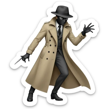 Die-cut sticker of Spider-Noir, monochrome black and grey palette, trench coat fluttering, 1940s detective aesthetic. Sharp edges, heavy shadows, white border, isolated on white background, high detail. sticker