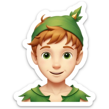 Cinematic Realistic Peter Pan Portrait, head tilted playfully and inquisitively, capturing his mischievous smile and twinkling eyes. The intricacies of his whimsical attire and the soft interplay of natural light bring to life his adventurous energy and childlike charm with a hint of daring strength. sticker
