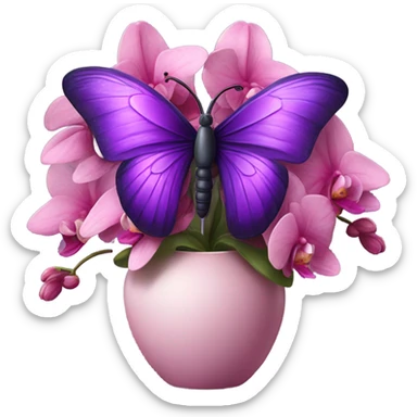 Aesthetic butterfly with purple and pink wings sitting on a dark purple bouquet of Orchids in a pastel pink vase sticker