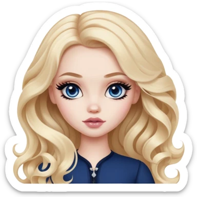  long wavy blonde hair, pale skin, dark blue eyes, pretty bratz baddie, black eyeliner, blush sticker
