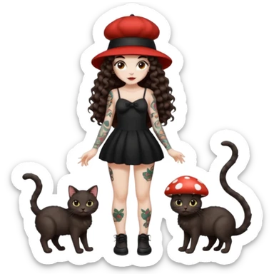 full body woman long curly brown hair brown eyes white skin tattoos black cat at feet, both wearing matching mushroom hats sticker