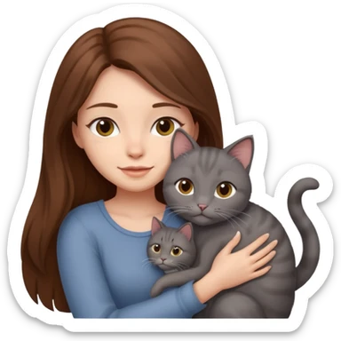 woman hug with one gray cat, brown long hair sticker