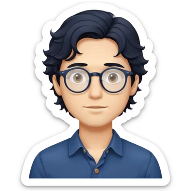 Torso view of young man with longer wavy black hair, round glasses, dark blue casual buttoned shirt sticker