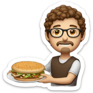 brown hair white guy with little mustache and goatee using round glasses with meal in hands sticker