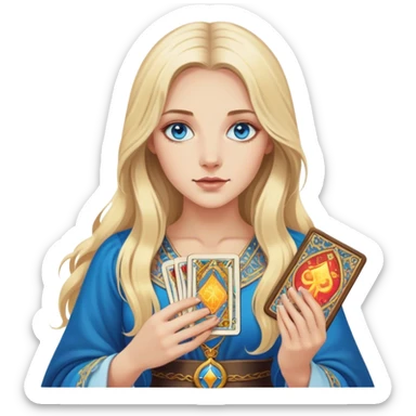 A realistic, modernly dressed blonde with long hair and blue eyes holds tarot cards in her hands sticker