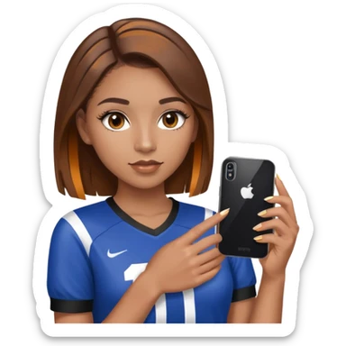 a girl with mixed race skin, brown hair (dark) with caramel highlights, acrylic nails, fake eyelashes, holding a phone. with a football shirt on (cropped) sticker