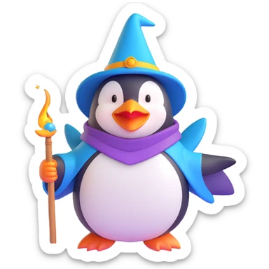 a penguin wizard casting a spell, 3D emoji style sticker