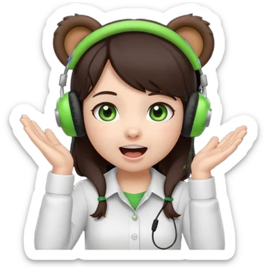 Animated emoji, Chibi girl, dark brown hair, green eyes, wearing a white shirt and small brown bear ears on a black headset, with wide happy surprised eyes and mouth and clapping excitedly sticker