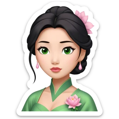 Cinematic Elegant Mulan Portrait Emoji, Dressed in her delicate green matchmaker gown, soft pink makeup, hair pinned perfectly, looking wistful yet radiant, eyes reflecting the depth of her spirit, capturing both her beauty and inner strength! sticker
