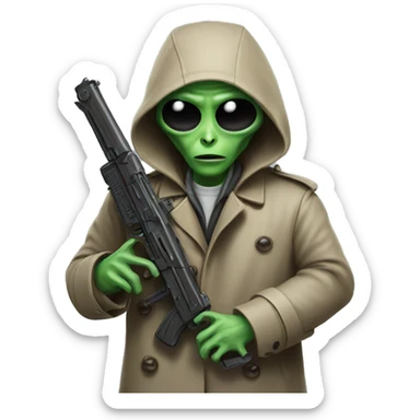 alien wearing trench coat while holding gun sticker