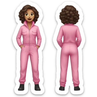 Woman dark brown hair  pink  full body jumpsuit flying sticker