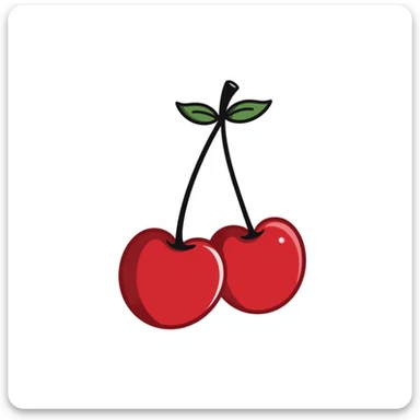Hand-drawn two red cherries hanging from a thin branch with small leaves sticker