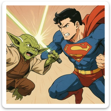 Anime style Yoda and Superman fighting, action scene, simple background sticker
