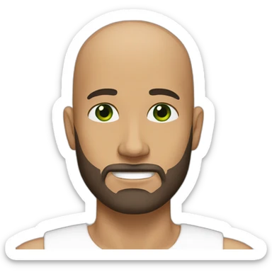 bald man with small green eyes, a square jaw, a dark brown beard, and tan skin sticker