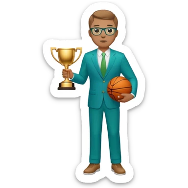 full body plus size white male basketball coach with short light brown  hair color wearing glasses wearing blue and green suit holding a trophy sticker