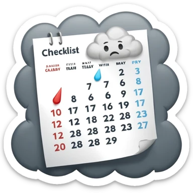 Minimalist emoji of a tilted, crumpled calendar page with faint, incomplete checklist marks, a small rain cloud dripping above it, and a dim, muted colour palette to symbolise a productivity slump and lost discipline. Flat vector style, soft shadows, transparent background sticker