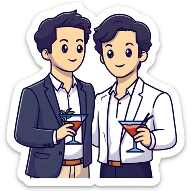 Management educator with black wavy hair, stubble, strong features, white skin, smart casual attire, mingling at a business networking reception, engaged in dynamic conversation with other professionals, cocktail event setting sticker