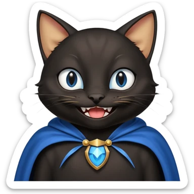 an all black anthropomorphic cat with blue eyes wears an all black cape and is smiling a mischievous sharp tooth grin sticker
