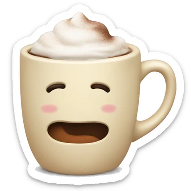 A cream colored mug, with hot coco sticker