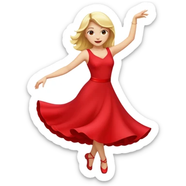 a yellow-blonde woman dancing wearing a red dress, in flat emoji / Apple style, smooth shapes, glossy highlights, bright saturated colors, simple features, minimal details, no outlines, red clothes flowing, joyful pose sticker