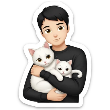 A bad boy with black hair wearing a sweatshirt happily hugs a white cat sticker