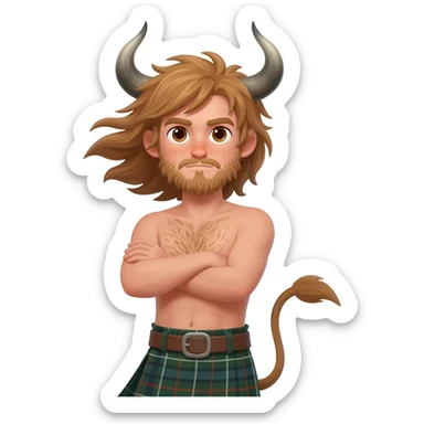 buff hairy man with freckles with messy light brown bangs that covers his face with bull horns and bull ears and bull tail dressed in kilt posing with his arms crossed with wind in his hair with belt around his chest sticker