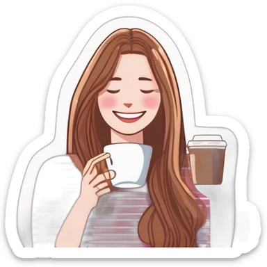 woman with pale skin and brown long thin straight hair wearing a white woolly shirt drinking coffee from a light pink takeaway cup eyes closed but smiling sticker