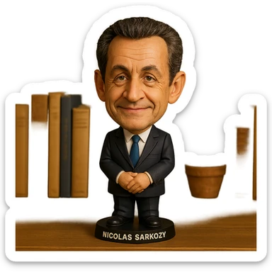bobblehead style figure of Nicolas Sarkozy, French politician, suit and tie, oversized head, friendly expression sticker
