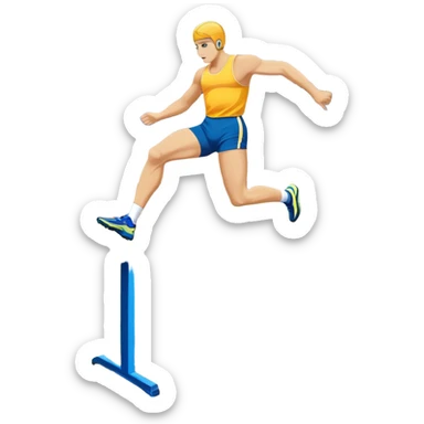 A collage of track and field equipment: a starting block, javelin, hurdle, discus, and high jump bar, symbolizing various disciplines. The background features a vibrant stadium with a running track, field events area, and cheering crowds.  sticker