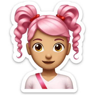 Girl with light pink hair and a ponytail supported by a red ribbon with long curly hair sides and pink eyes sticker