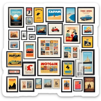Icon for Photograph and Poster Collecting: a collection of photographs and movie posters, neatly displayed on a wall or in frames. The icon should evoke the nostalgia and artistic value of collecting rare images and posters. Transparent background. sticker
