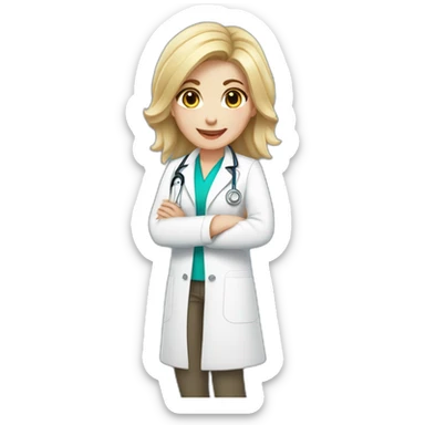 Blonde beautiful doctor, dark hair lights, white doctor coat, happy sticker